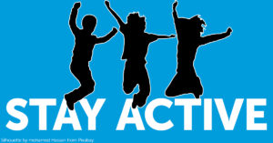 Silhouettes of three children jumping over large letters that spell "stay active"