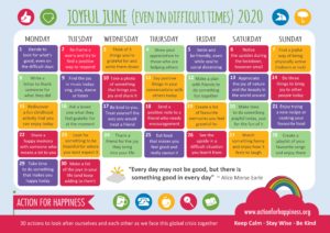 The Joyful June calendar offers 30 exercises for practicing positive thinking