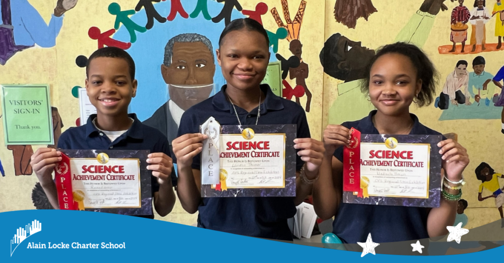 Three All-Stars pose with their certificates from the 2024 Chicago Public Schools STEM Awards Ceremony.