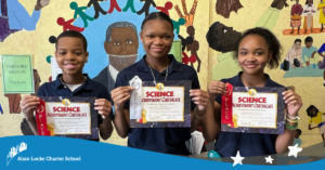 Three All-Stars pose with their certificates from the 2024 Chicago Public Schools STEM Awards Ceremony.